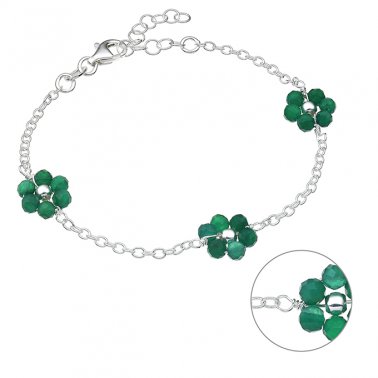 Bracelet 3 fleurs  en pierres fines Agate Verte 16+3cm extension (1pc)