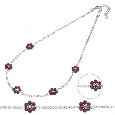 Garnet necklace with 5 flowers in fine stones 35+5cm extender (1pc)