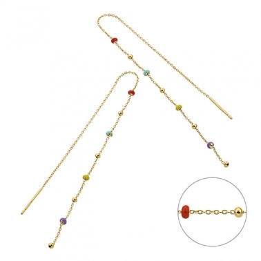 Yellow Gold 1µ - Earrings rolo chain and multicoloured enamel beads 2mm 15cm (1pair)