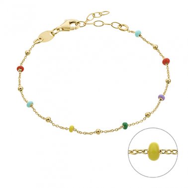 Yellow Gold 1µ - Bracelet rolo chain and multicoloured enamel beads 2mm 16+3cm extender (1pc)