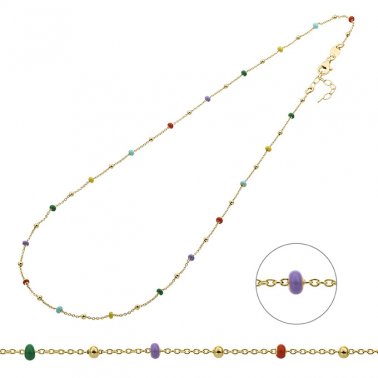 Goldgelb Vergoldet 1µ - Kette Ankerkette Perlen 2mm emailliert bunt 40+3cm Verlängerung (1Stk)