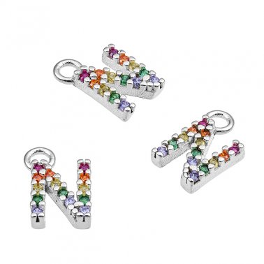 7mm alphabet charms letter N with multicolor zirconium and ring (1pc)