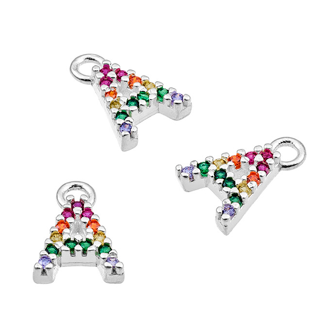 Breloques 7mm lettre A zirconiums multicolores avec anneau (1pc)