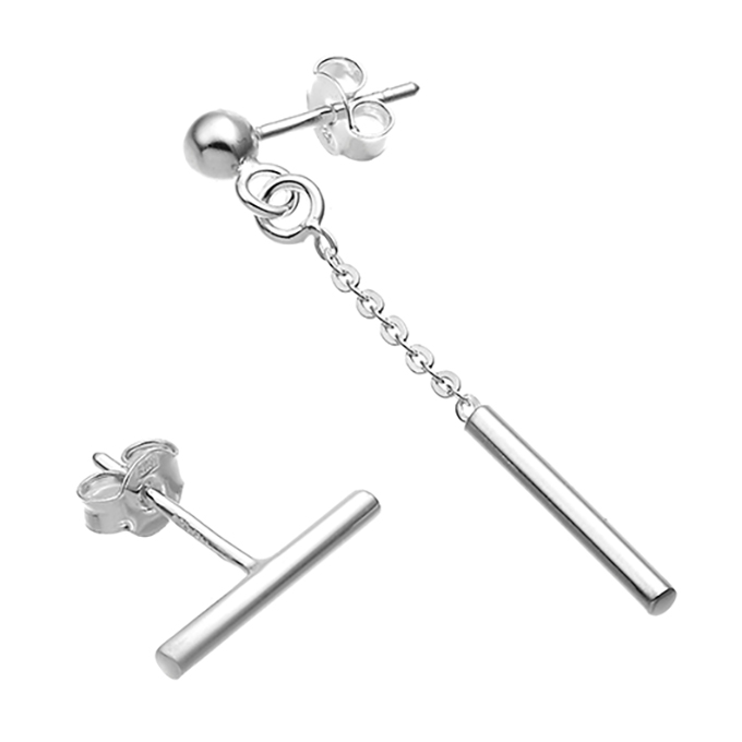 Boucles d’oreilles asymétriques barre et barre + chaîne (1paire)