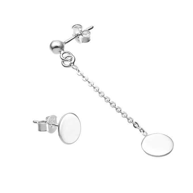 Boucles d’oreilles asymétriques médaille ronde et médaille ronde+chaîne (1paire)