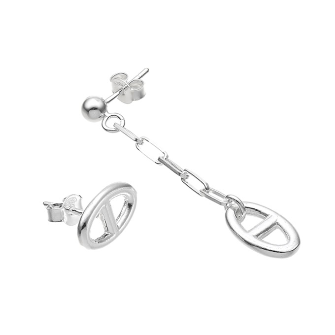 Ohrring asymmetrisch Marine Kettenglied und Marine Kettenglied+Kette (1 Paar)