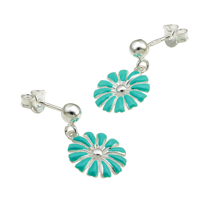 Boucles d’oreilles fleur pendante 12mm émaillée turquoise (1paire)