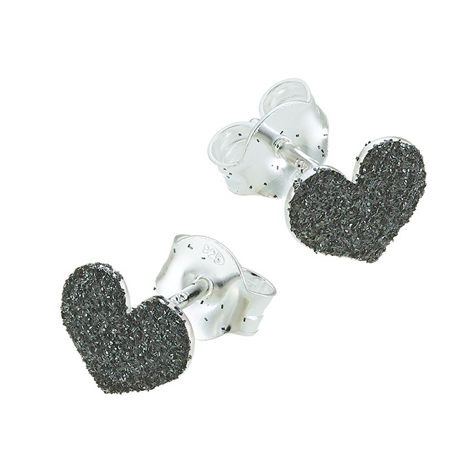 Stud earrings black glitter heart 8x7mm (1pair)