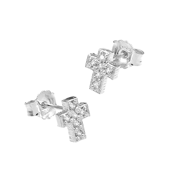 Boucles d’oreilles croix zirconium blanc 8mm avec tige (1paire)