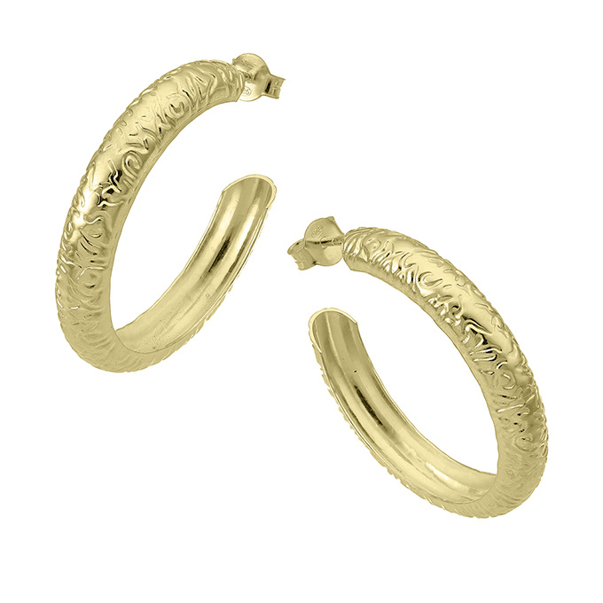 Yellow Gold 3µ – Hammered 30mm tube hoop earrings 6,5mm (1pair)