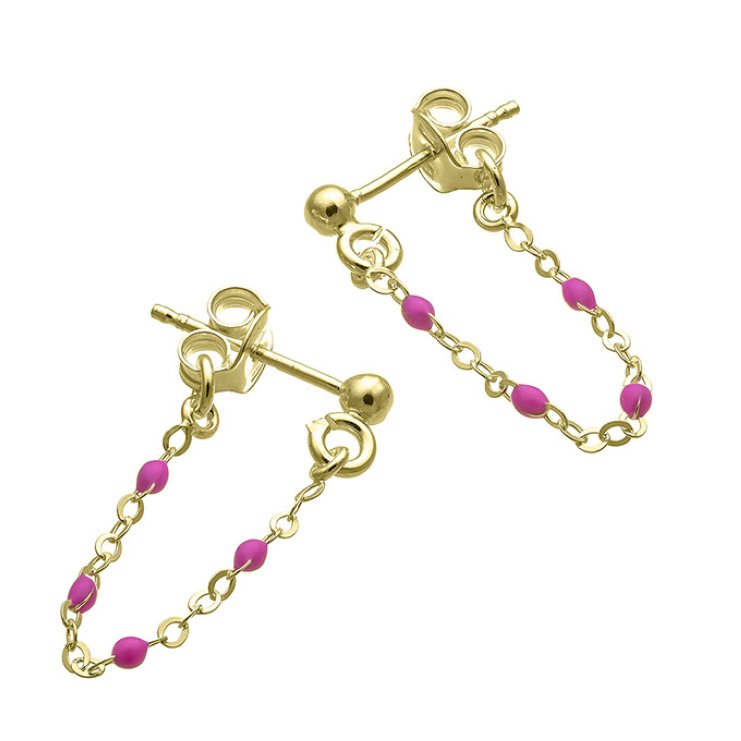 Yellow Gold 3µ – Fluo pink enamel chain earrings, 5cm (1pair)