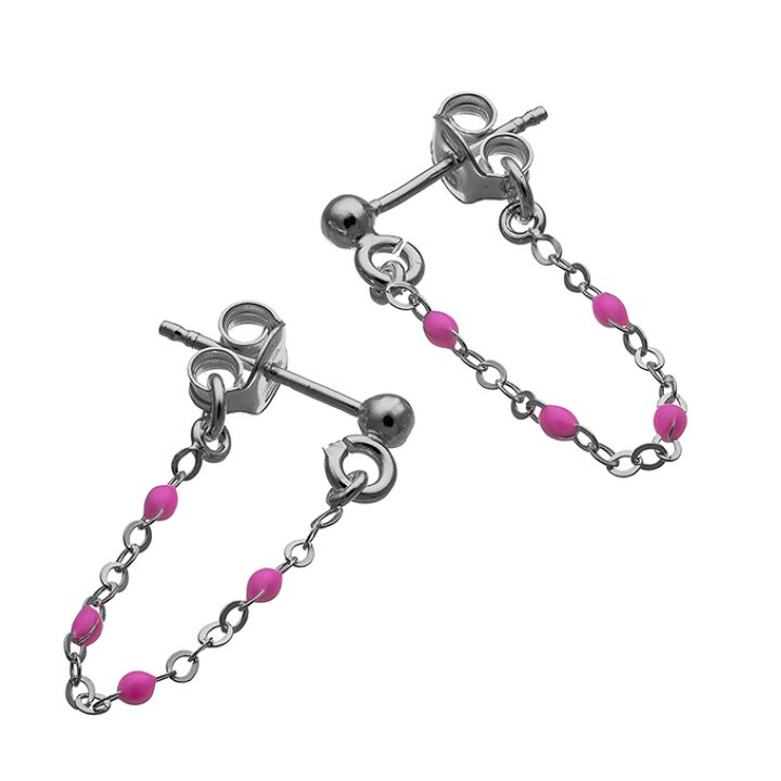 Rodiato Nero – Orecchini a catena smaltata rosa fluo, lunghezza 5cm (1paio)