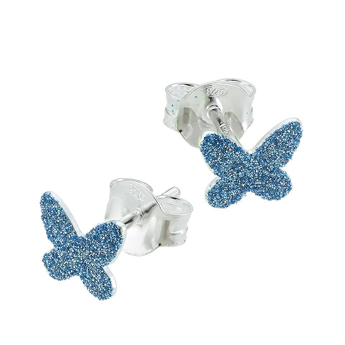 Stud earrings blue glitter butterfly 7,5mm (1pair)