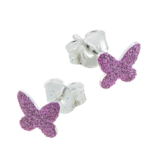 Orecchini farfalla con paillettes rosa 7,5mm con perno (1paio)