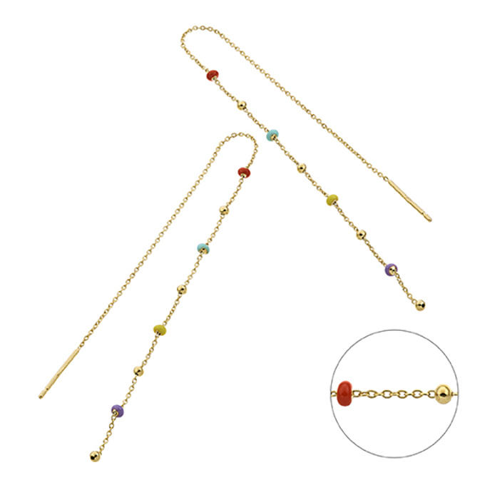 Yellow Gold 1µ – Earrings rolo chain and multicoloured enamel beads 2mm 15cm (1pair)