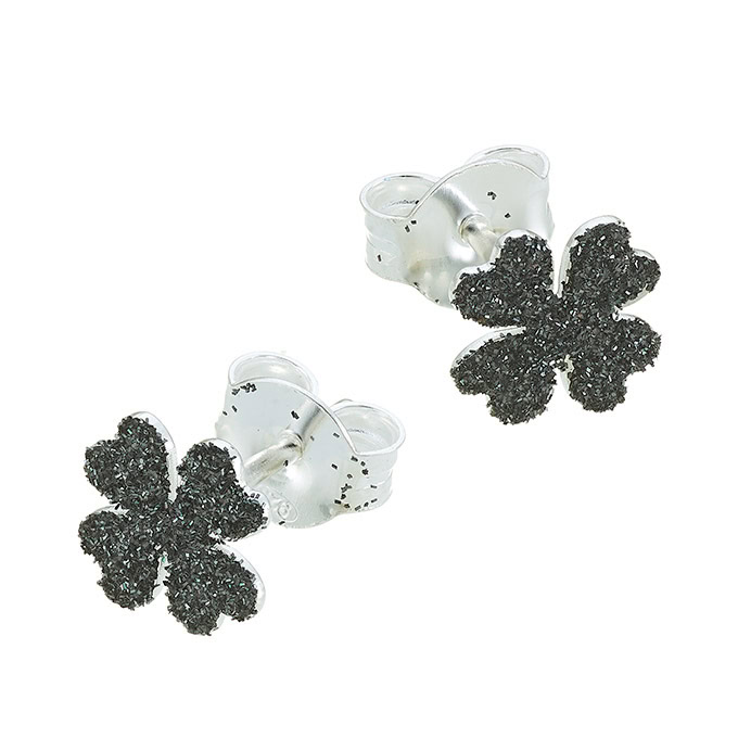 Stud earrings black glitter clover 7,5mm (1pair)