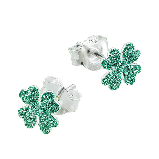 Stud earrings green/turquoise glitter clover 7,5mm (1pair)