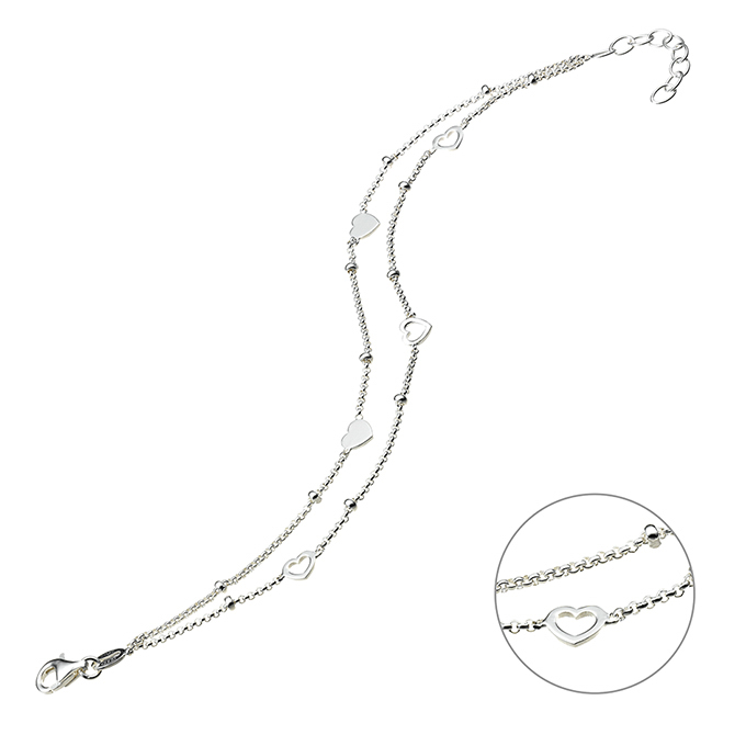 Bracciale doppia catena Cuori pieni e vuoti 16+3cm estensione (1pz)