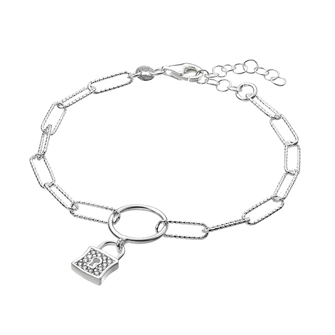 Rectangular faceted chain bracelet with white zirconium padlock 15+3cm extender (1pc)