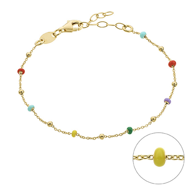 Yellow Gold 1µ – Bracelet rolo chain and multicoloured enamel beads 2mm 16+3cm extender (1pc)