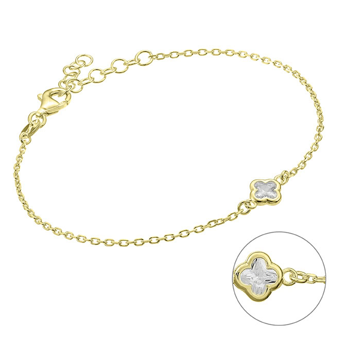 Yellow Gold 3µ – Bracelet with clover in white Cz 6,4mm 16+3cm extension (1pc)