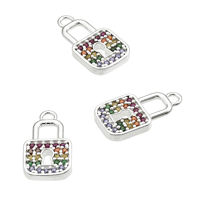 7,4x12mm multicoloured zirconiums padlock charm with ring (1pc)