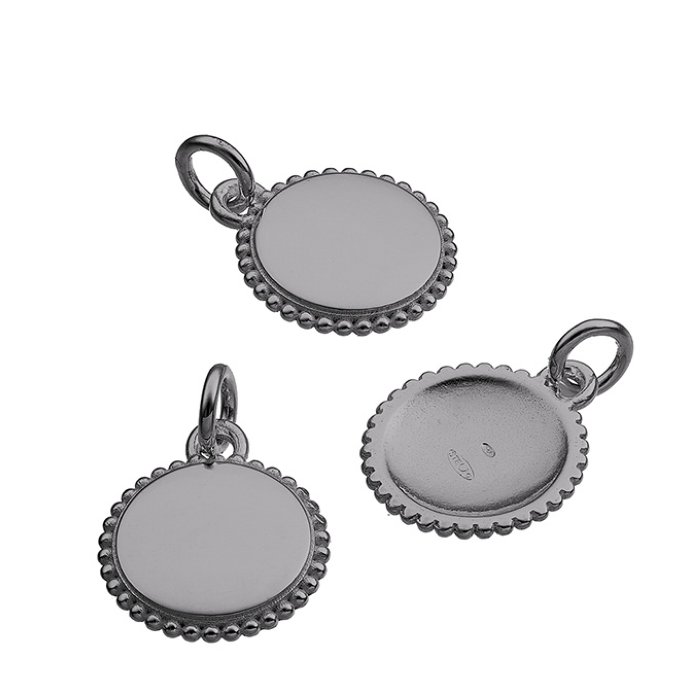 Black Rhodium – 12mm engravable hollow round pendant, beaded edge (1pc)