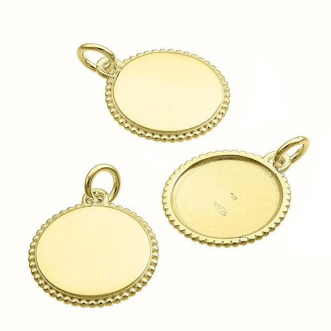 Goldgelb Vergoldet 3µ – Anhänger rund gravierbar 15mm, Rand geperlt, innen leer (1Stk)