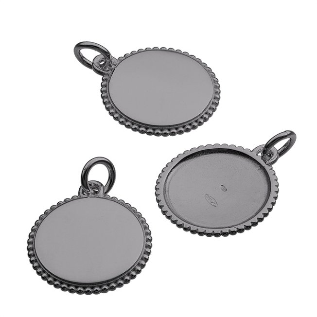 Black Rhodium – 15mm engravable hollow round pendant, beaded edge (1pc)