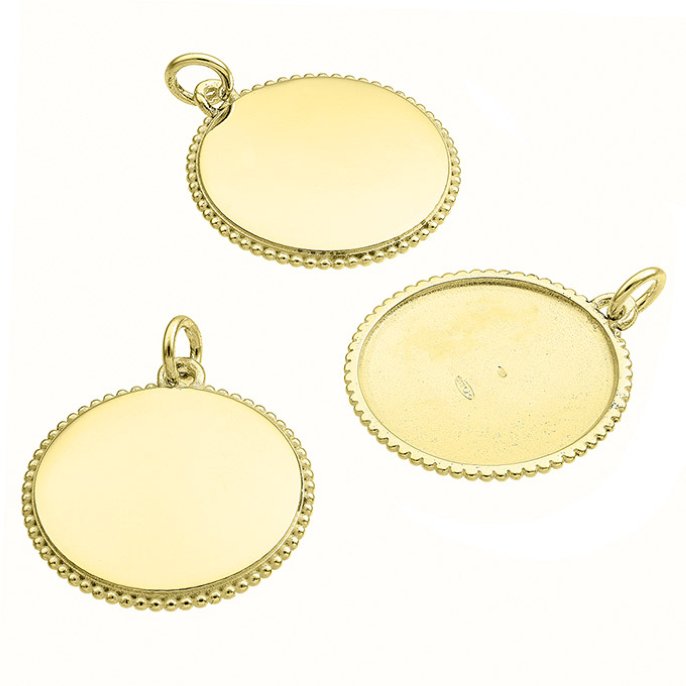 Goldgelb Vergoldet 3µ – Anhänger rund gravierbar 20mm, Rand geperlt, innen leer (1Stk)