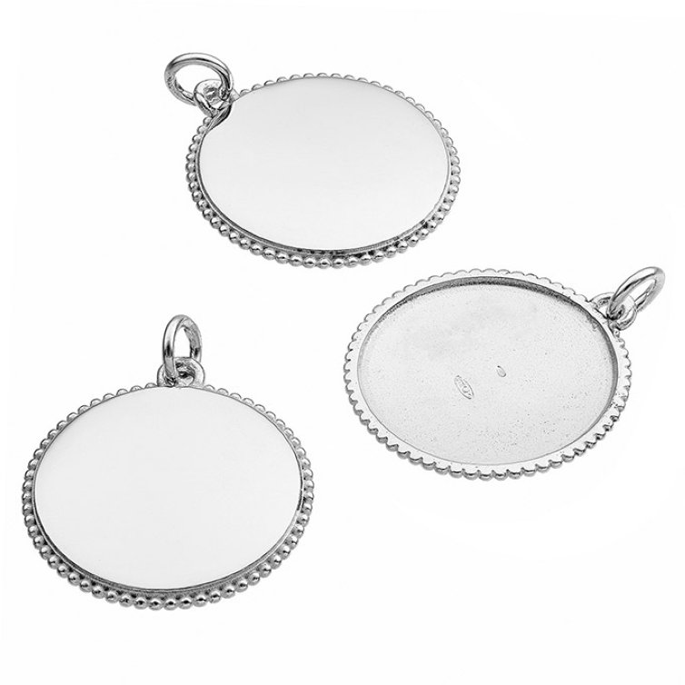 Weiss Rhodiniert – Anhänger rund gravierbar 20mm, Rand geperlt, innen leer (1Stk)