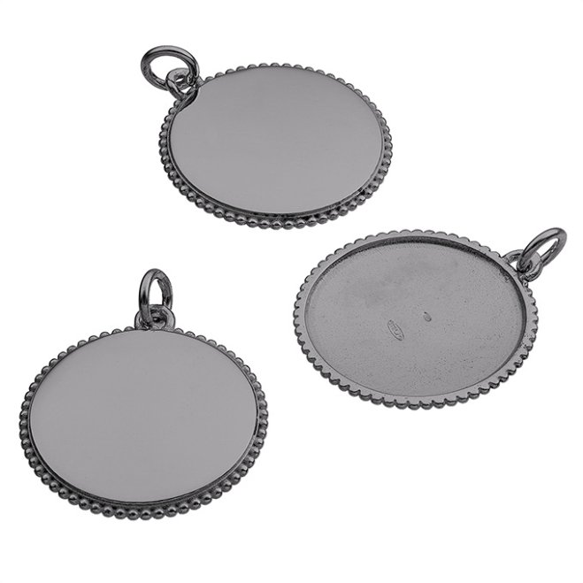 Black Rhodium – 20mm engravable hollow round pendant, beaded edge (1pc)