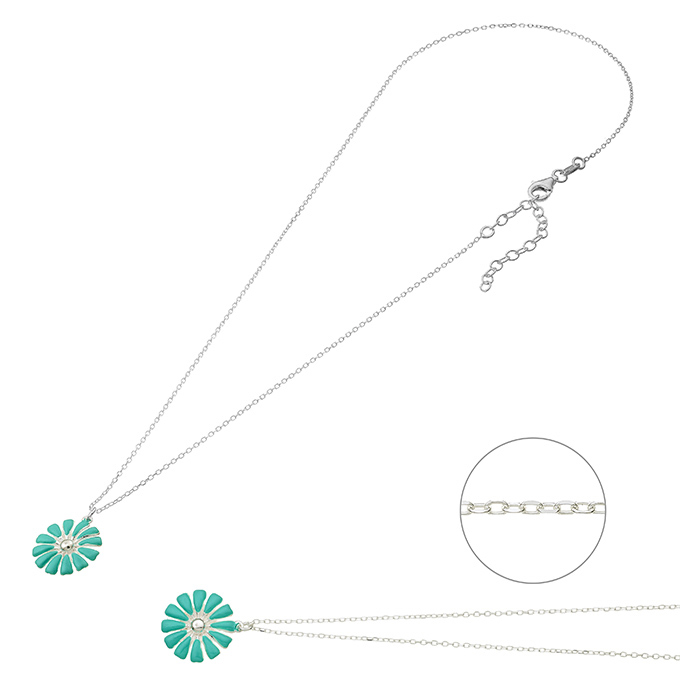 Collier avec pendentif fleur émaillée turquoise 40+5cm extension (1pc)