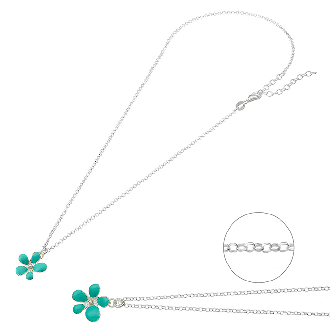 Necklace with 5 petals flower enamelled turquoise 40+5cm extender (1pc)