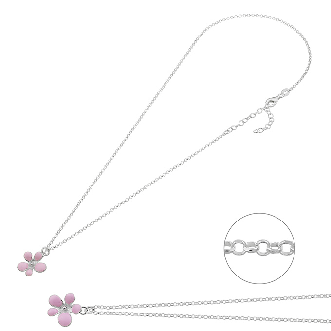 Necklace with 5 petals flower enamelled rose 40+5cm extender (1pc)