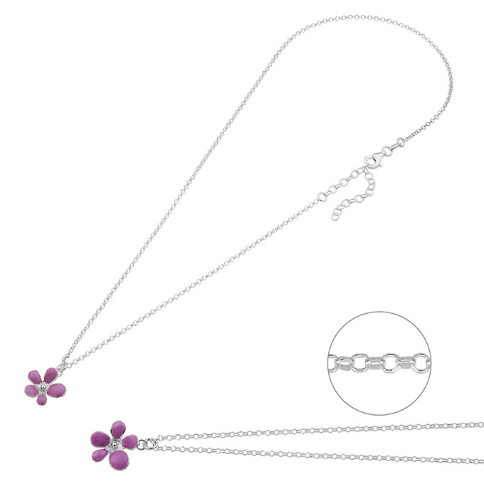 Necklace with 5 petals flower enamelled purple 40+5cm extender (1pc)