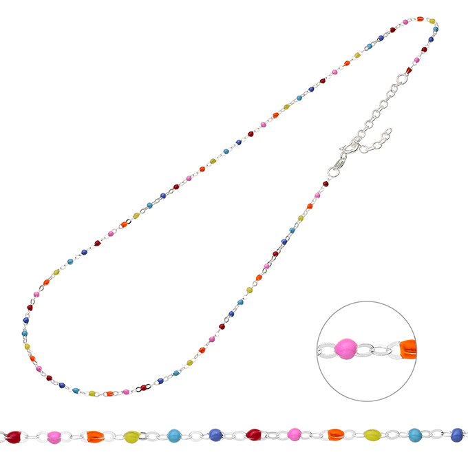 Necklace rolo chain and multicoloured fluo enamel beads 38+5cm extender (1pc)