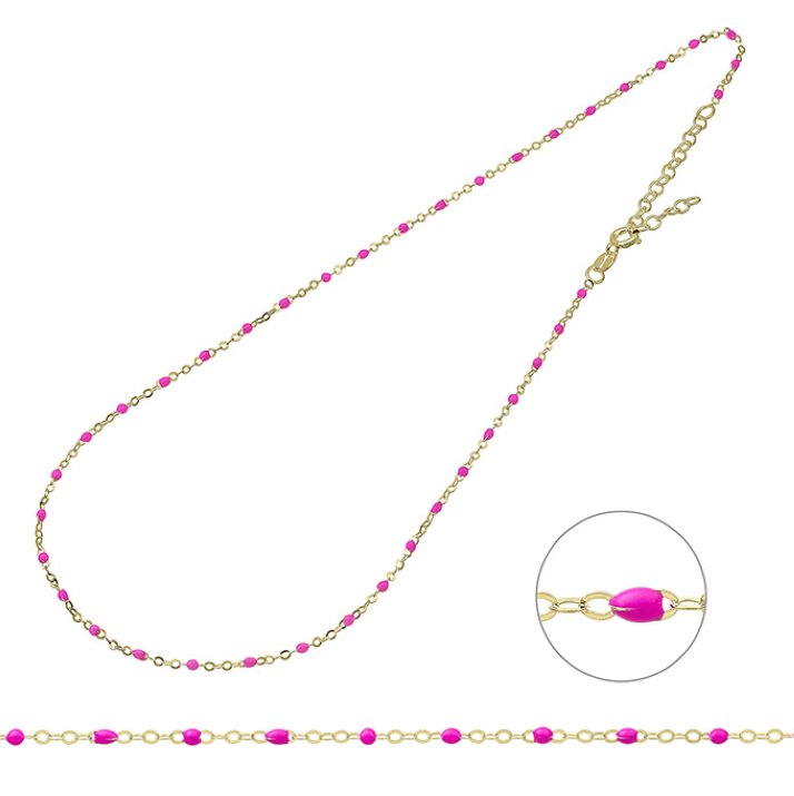 Yellow Gold 3µ – Necklace chain and fluo pink  38+5cm extender (1pc)