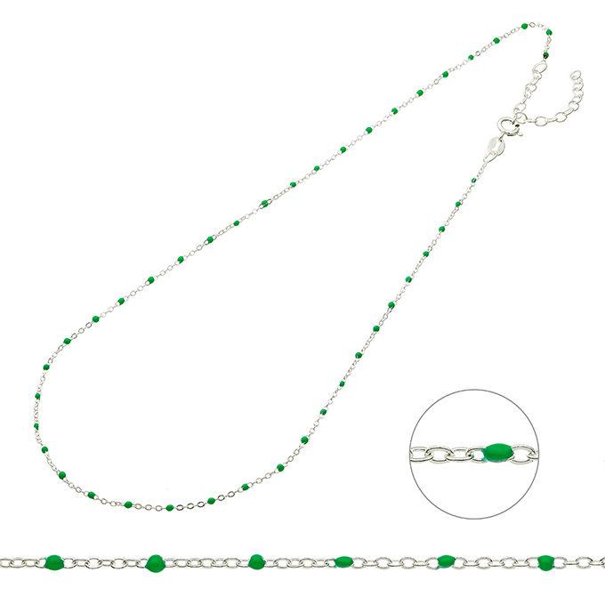 Necklace chain and green enamel 38+5cm extender (1pc)