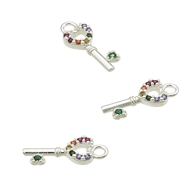 Breloques clé 5×10,3mm zirconiums multicolores avec anneau (2pcs)