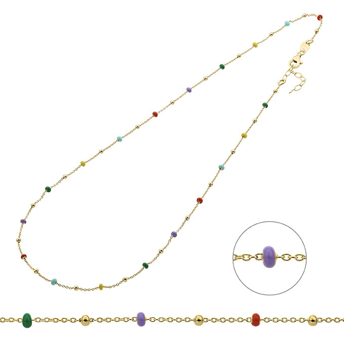 Yellow Gold 1µ – Necklace rolo chain and multicoloured enamel beads 2mm 40+3cm extender (1pc)