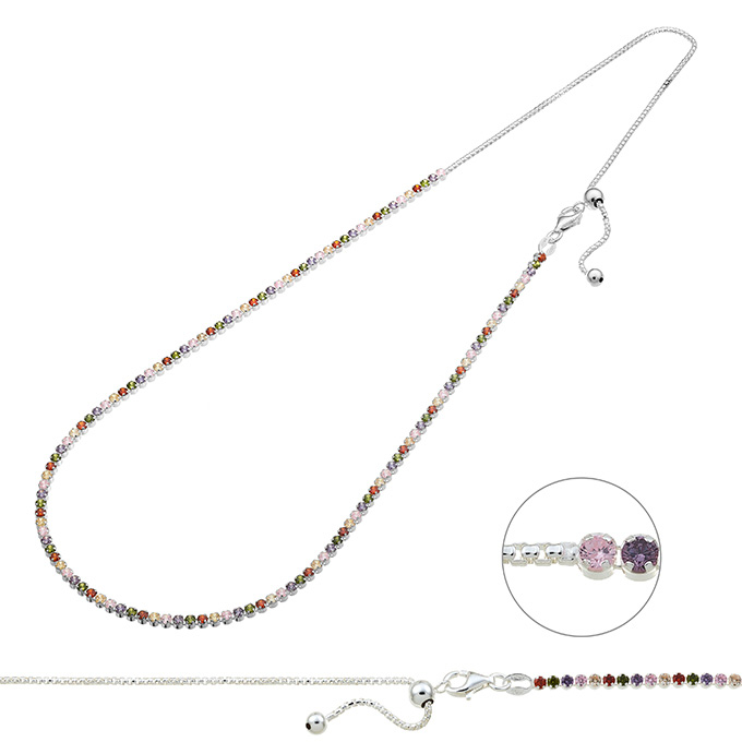 Necklace with line multicolor cubic zirconia adjustable from 32 to 47,5cm (1pc)