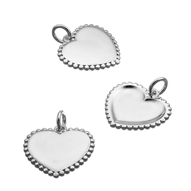 Weiss Rhodiniert – Anhänger Herz gravierbar 15mm, Rand geperlt, innen leer (1Stk