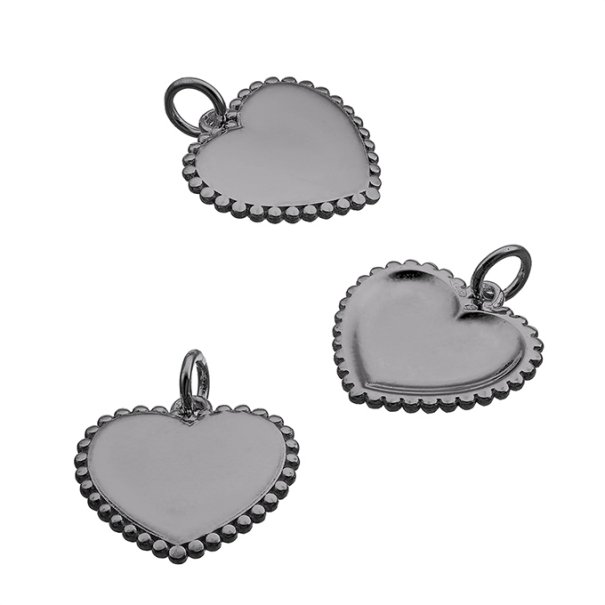 Black Rhodium – 15mm engravable hollow heart pendant, beaded edge (1pc)