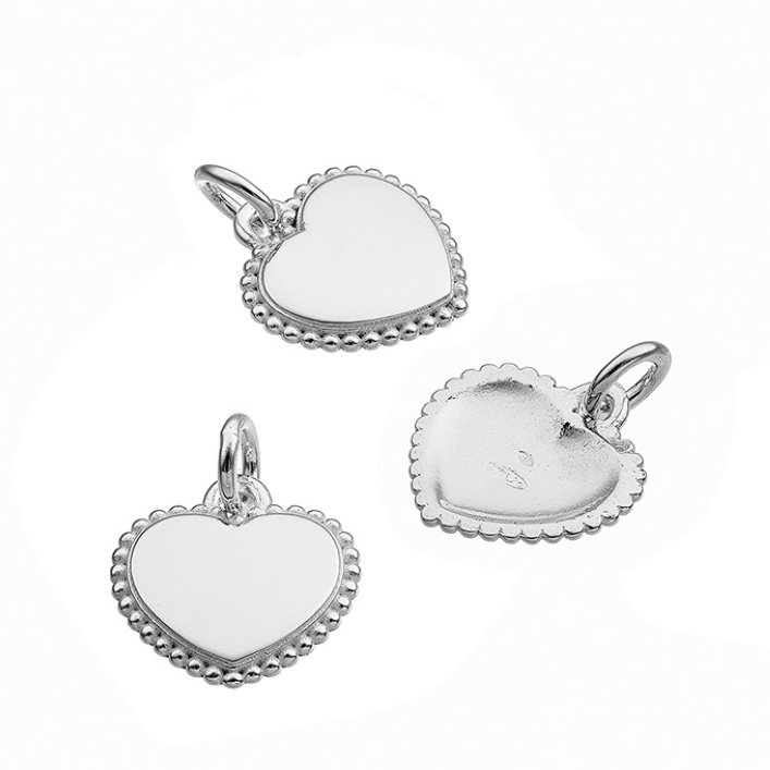 White Rhodium – 12mm engravable hollow heart pendant, beaded edge (1pc)
