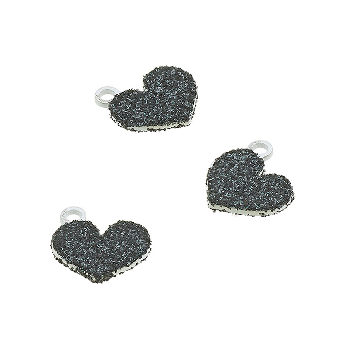 8x7mm heart pendant black glitter with ring (5pcs)