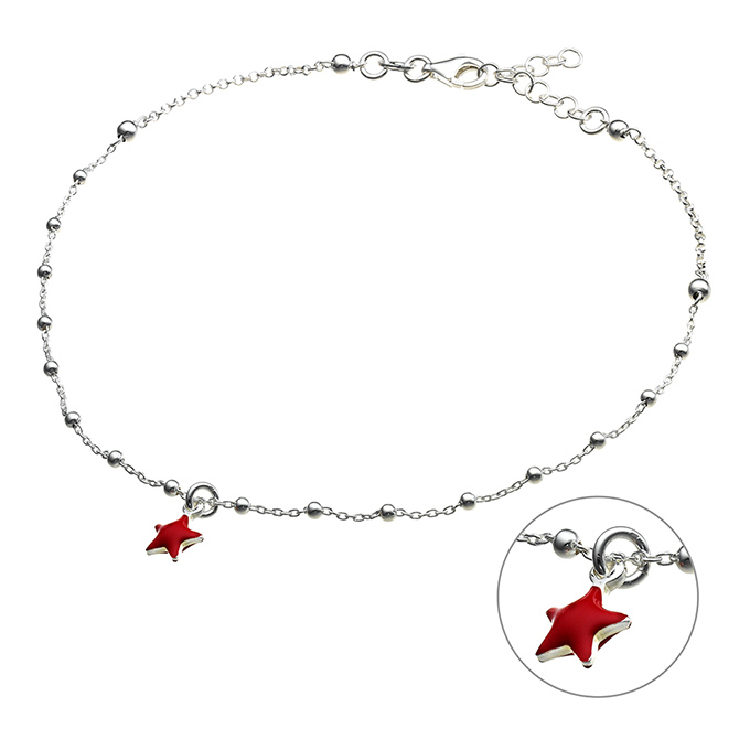 Ankle chain red star and beads 25+3cm extender (1pc)