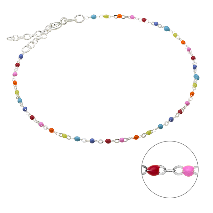 Rolo ankle chain and multicoloured fluo enamel beads 21+3cm extender (1pc)