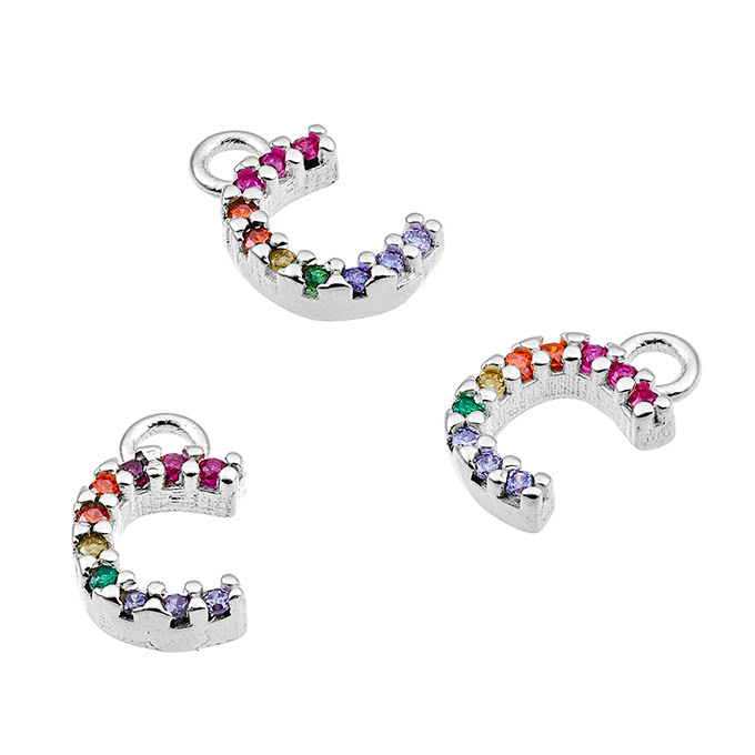 Breloques 7mm lettre C zirconiums multicolores avec anneau (1pc)