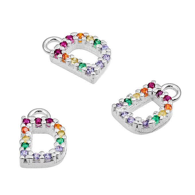 Ciondoli 7mm lettera D con zirconi multicolori e anello (1pz)